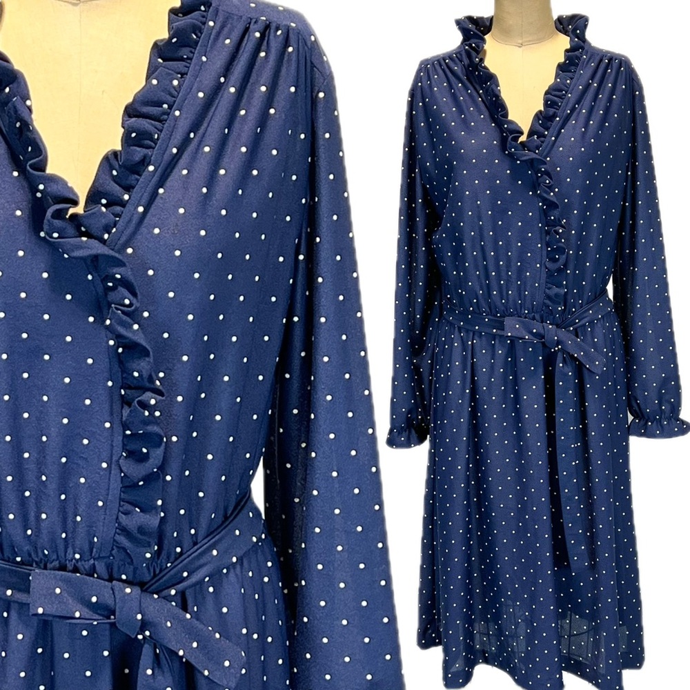 VINTAGE 80s ruffle collar navy polka dot dress midi long sleeve secretary office